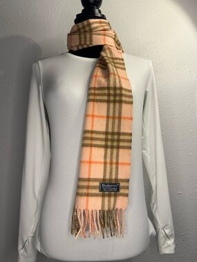 Burberry Pink Plaid Wool Scarf with Tan and Orange Accents